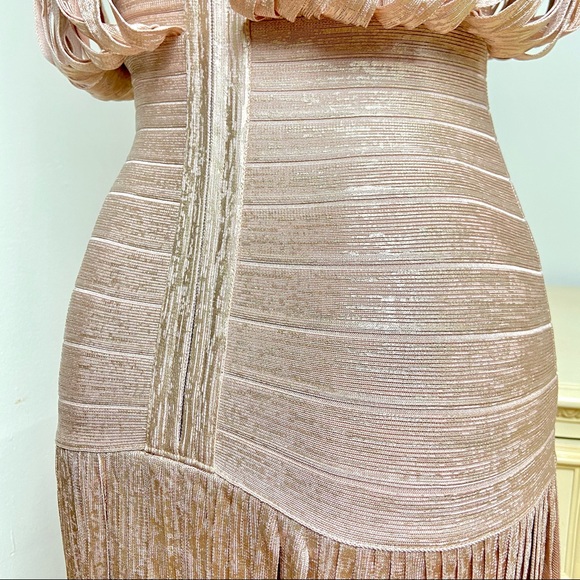 💔SOLD $2,350 Hervé Léger Selena Gold Fringe Gown - Picture 11 of 14